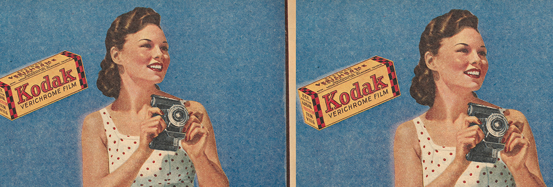 colour advertising from the 1940s a woman with a camera and the word Kodak