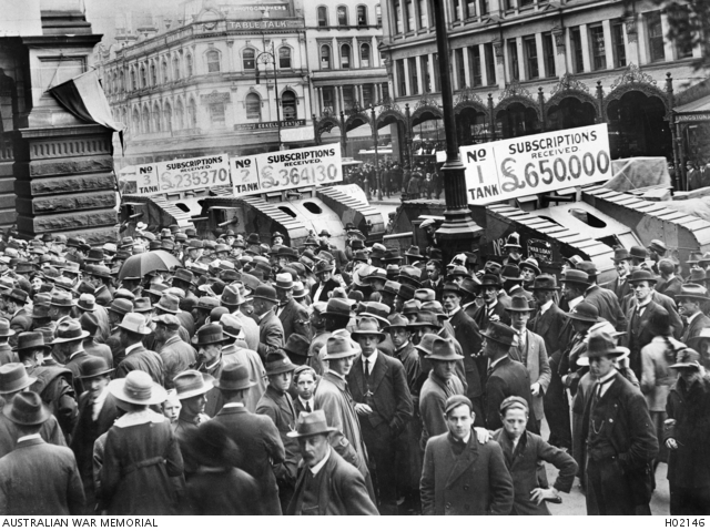 Photograph of dummy army tanks outside the Melbourne Town Hall.