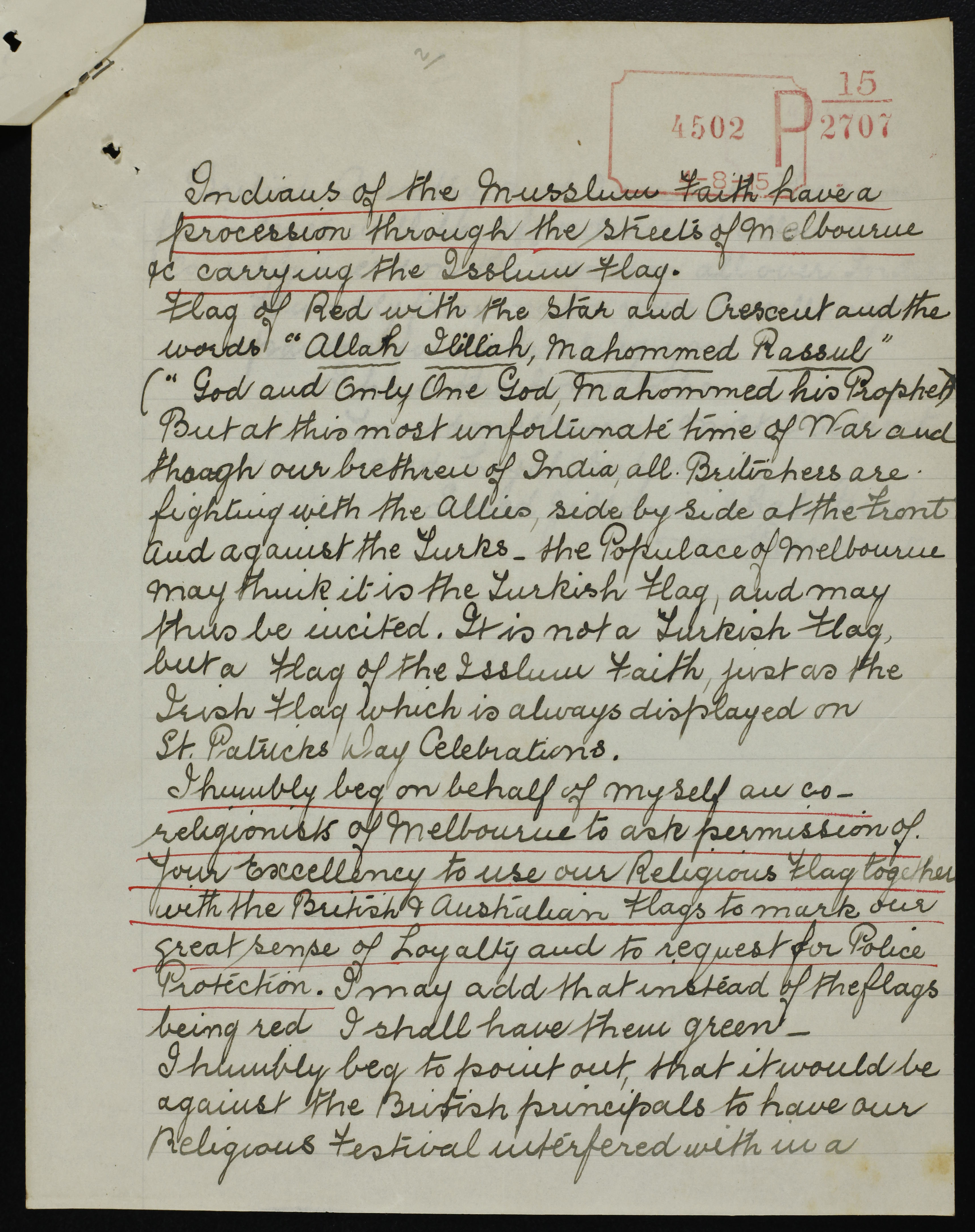 Image of second page of letter from the Austral Indian Society to Governor of Victoria regarding Eid celebrations, 28 June 1915.