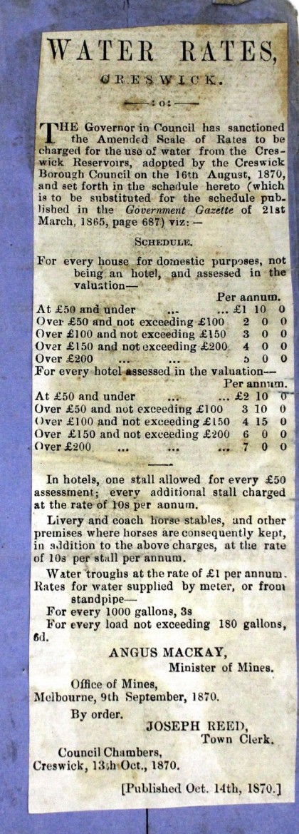 List of water rates for 1871 pasted on inside front cover of PROV, VPRS 5921/P0, Unit 2, Rates General 1861-1931.