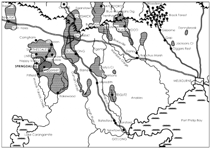 Plan of the Woady Yaloak goldfields in relation to Melbourne, Geelong, and the Ballarat goldfields