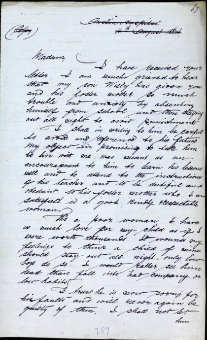 PROV, VPRS 1226/P0, Unit 20, Item D7932, Secretary of Industrial and Reformatory Schools, Annual Report 1884, Letters of and concerning children, page 39, copy of letter from Marie Corrigan dated 4 August 1884 (above) and, page 67, of the response (below).